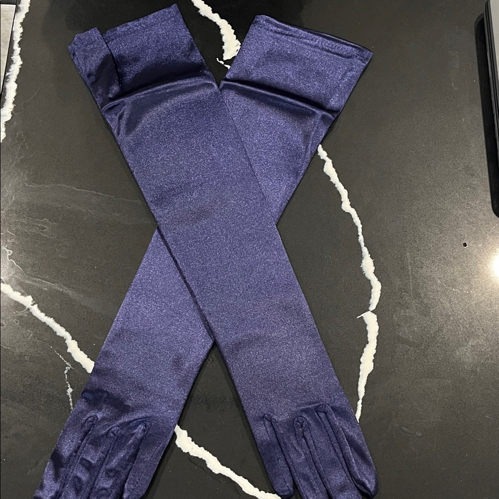 Luxurious Satin Evening Elbow Length Gloves in Deep Blue